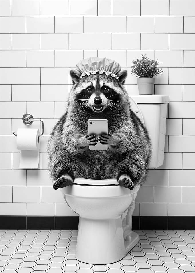 Raccoon Using Smartphone on Toilet
