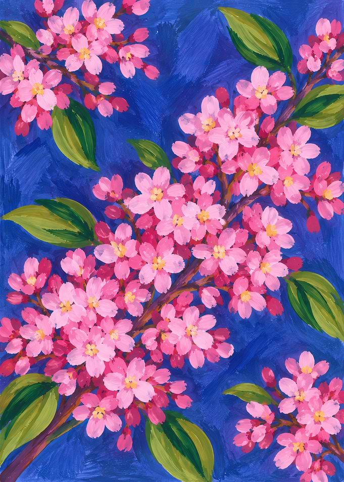 Vibrant Pink Cherry Blossoms Painting
