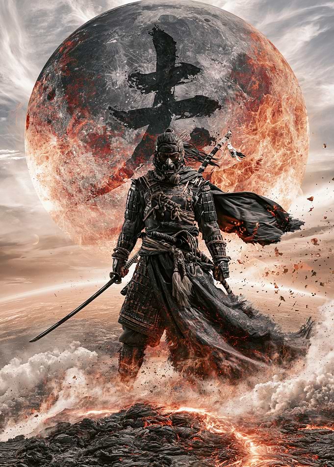 Samurai Warrior Before Fiery Moon