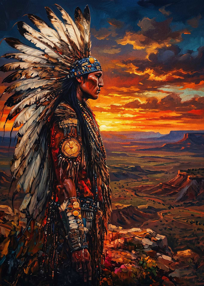 Native Chief Sunset Oil Art Poster