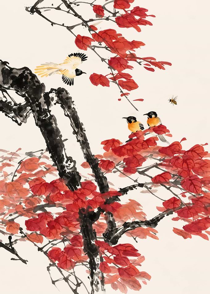 Traditional Chinese Ink Painting of Birds