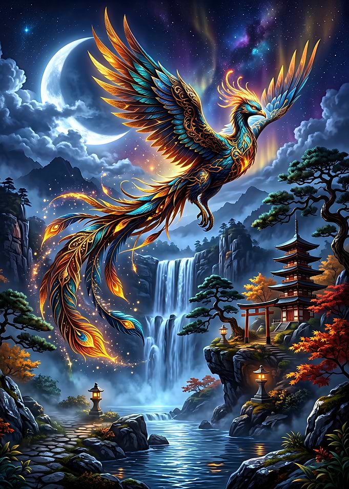 Majestic Phoenix Over Japanese Temple