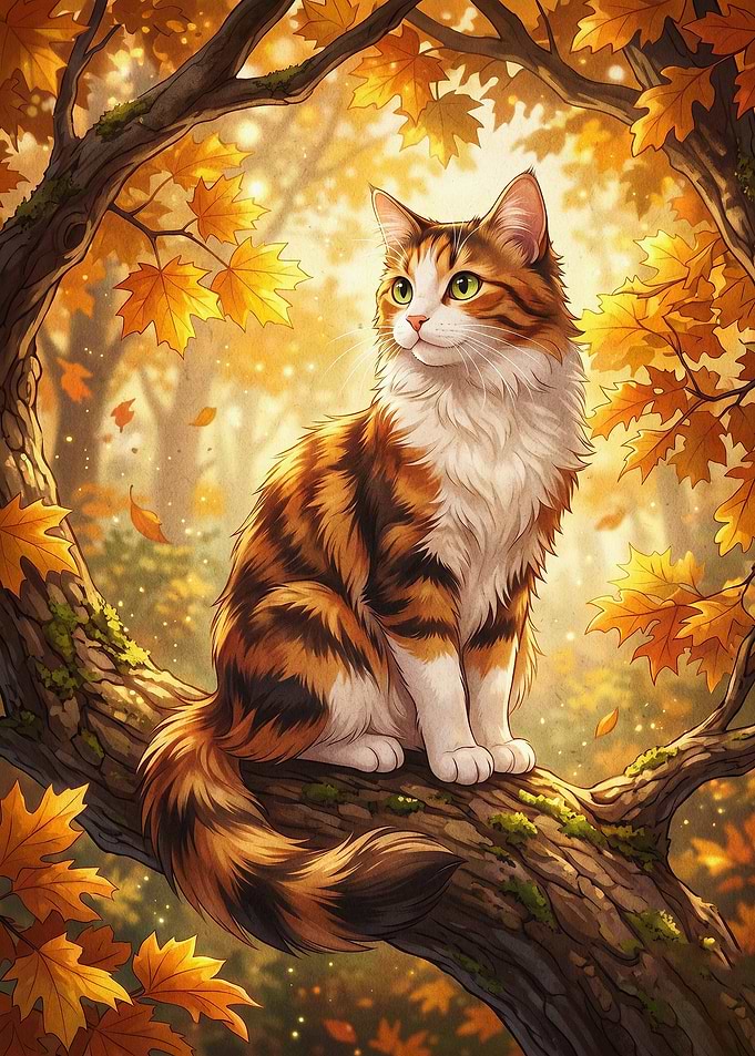 Tabby Cat Autumn Forest Art Poster