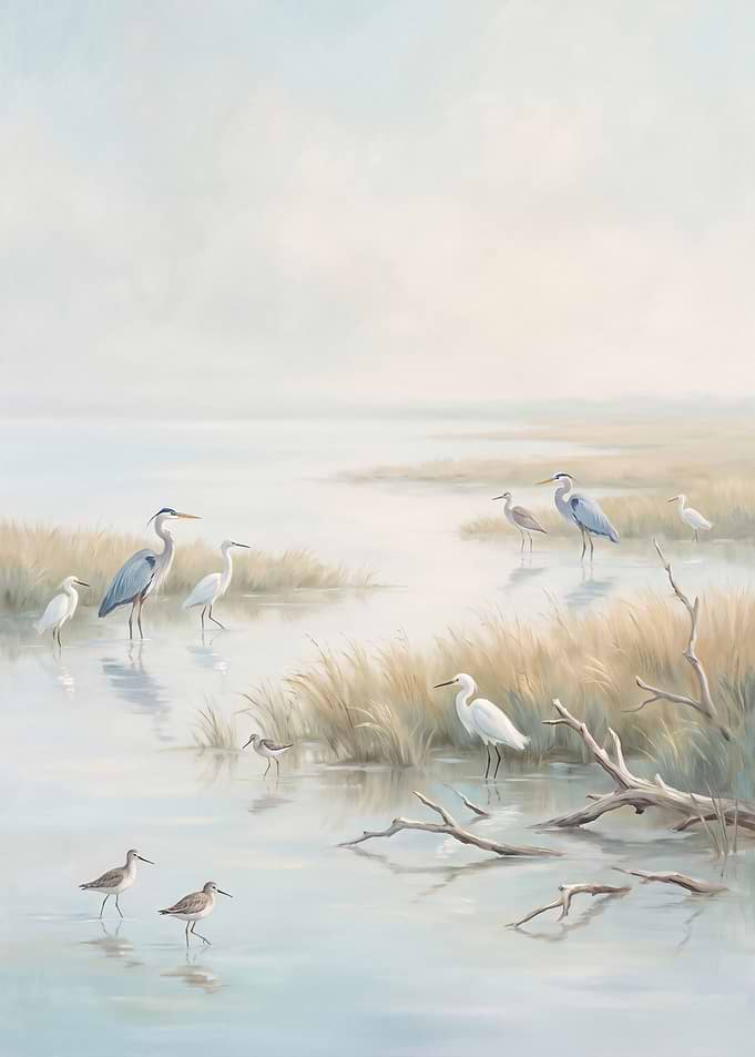 Herons and Shorebirds in Marshland