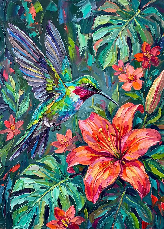 Vibrant Hummingbird and Lily Painting