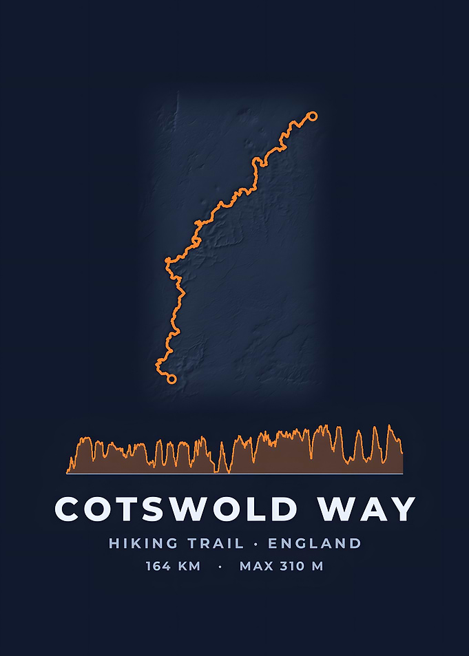 Cotswold Way Hiking Trail Map Midnight Blue Print