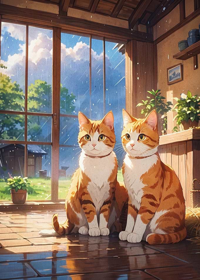 Cats Rain Window Cozy Anime Poster