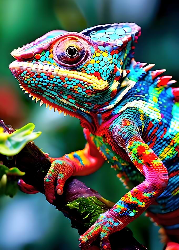Vibrant Multi-Colored Chameleon on Branch