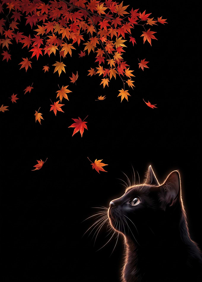 Black Cat Watching Falling Maple Leaves