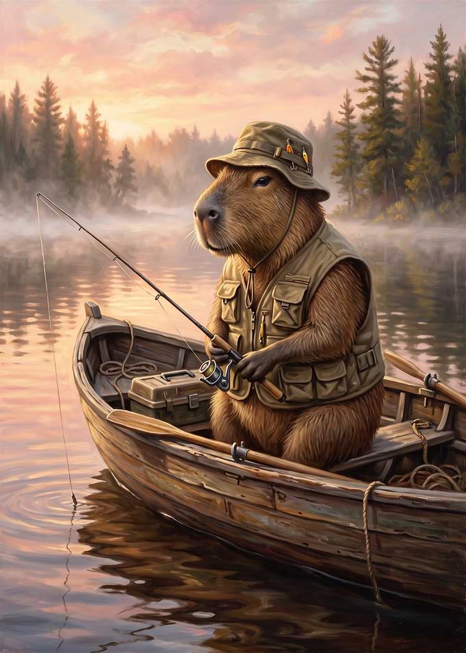 Capybara Fishing in a Wooden Boat