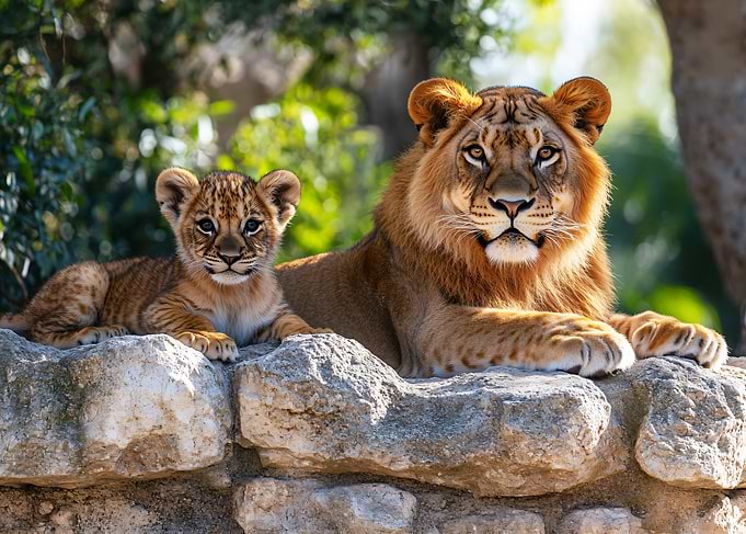 Lion and Cub Resting on Rocks