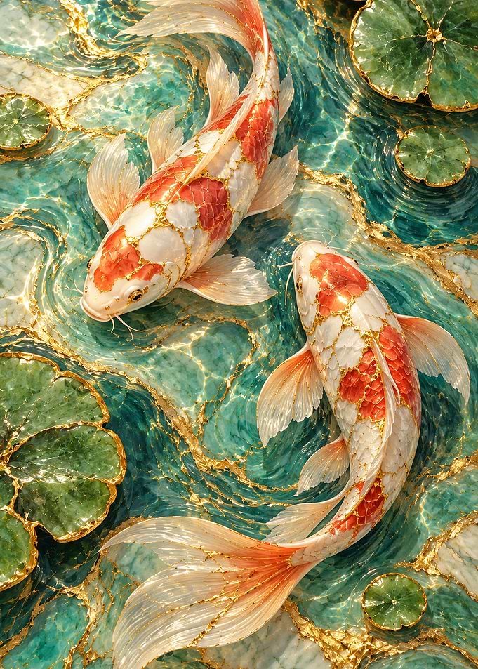 Golden Koi Fish in Jade Water