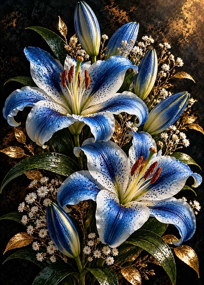 Elegant Blue and Gold Lily Bouquet