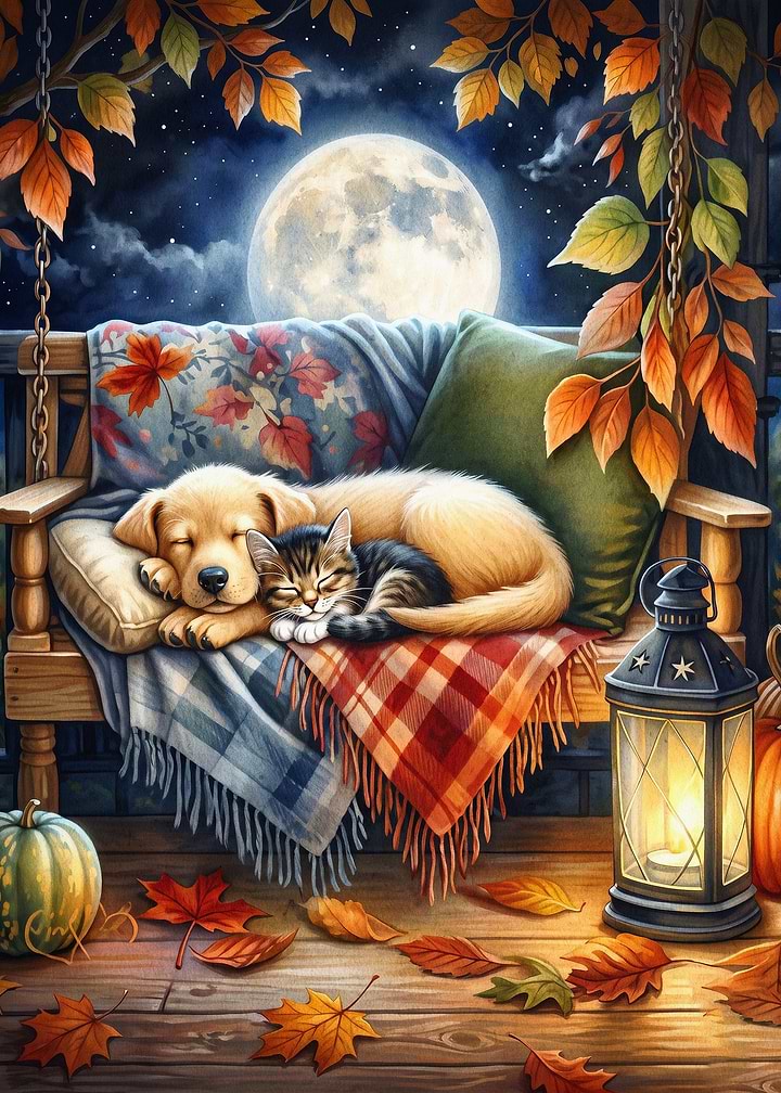 Dog Cat Autumn Night Moon Art Poste
