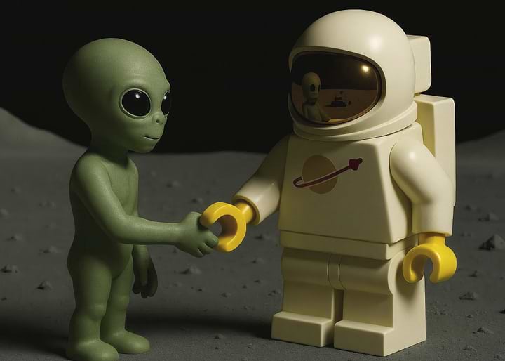 Lego Astronaut Shaking Hands with AliFirst Contact Toy Astronaut - Cute Lego Alien Handshake In Space