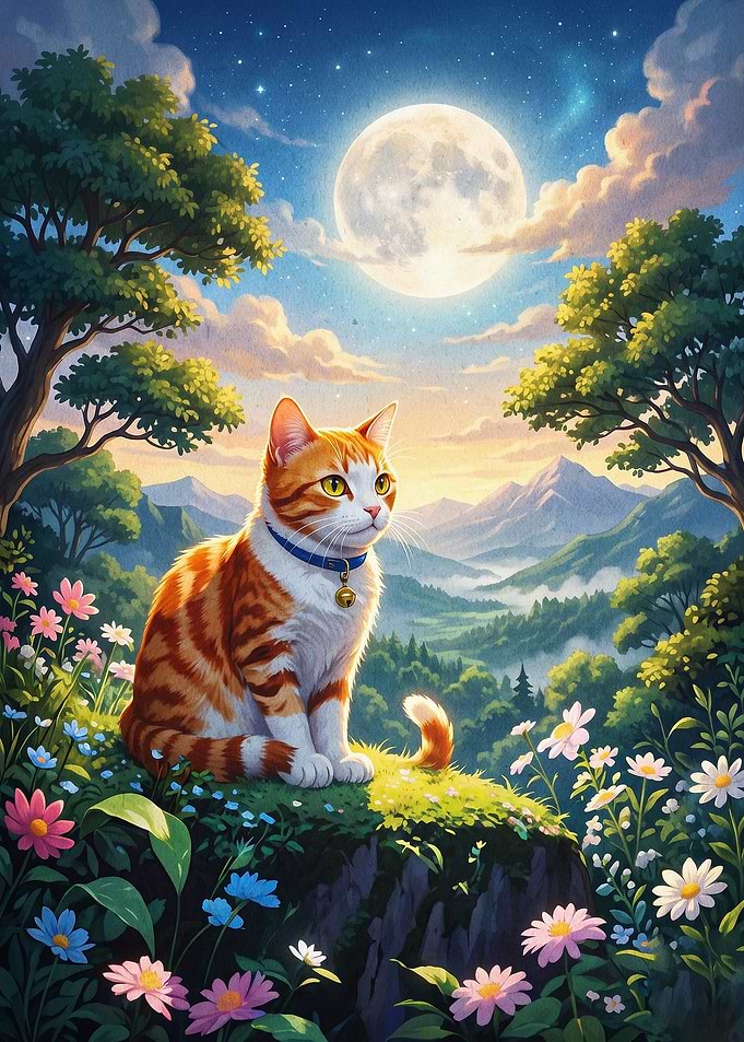 Cat Moon Fantasy Art Poster