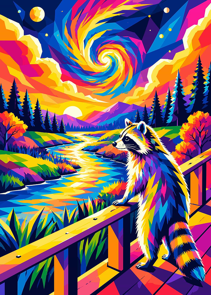 Colorful Raccoon Gazing at River Landscape