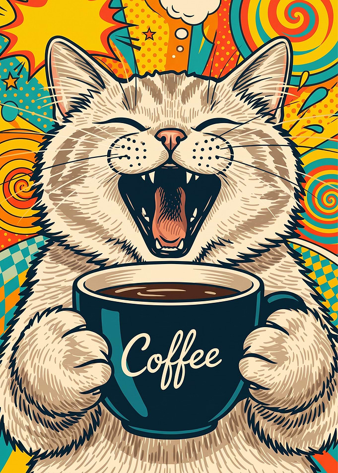 Pop Art Cat Drinking Coffee