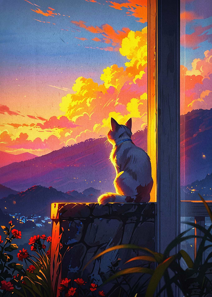 Cat Sunset Mountain Anime Art