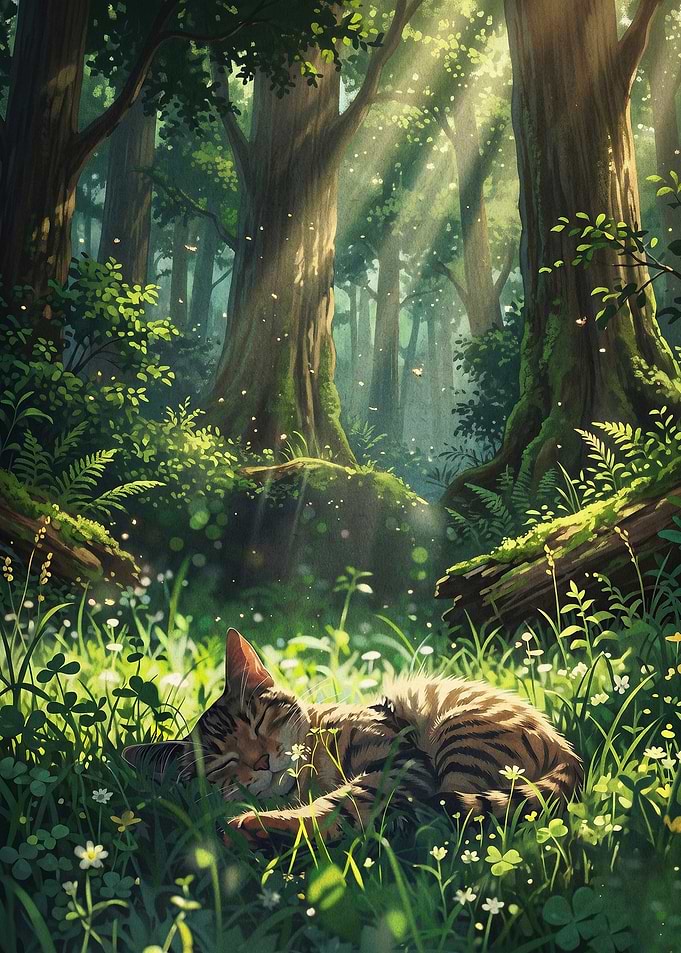 Sleeping Forest Cat Cute Art Poster