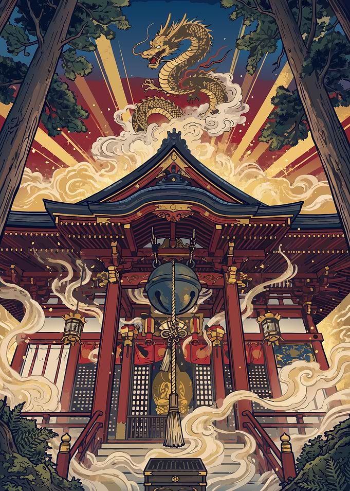 Rising Dragon Ukiyo-e Poster: Daily Prayer for Luck
