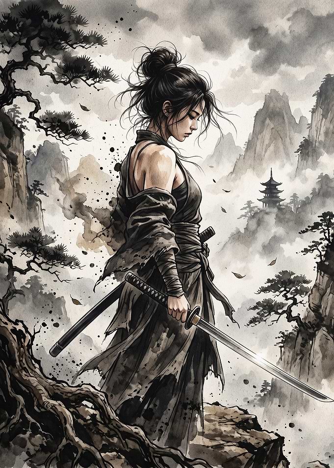 Female Samurai Ink Art Poster