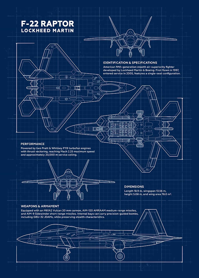F-22 Raptor Technical Blueprint Poster