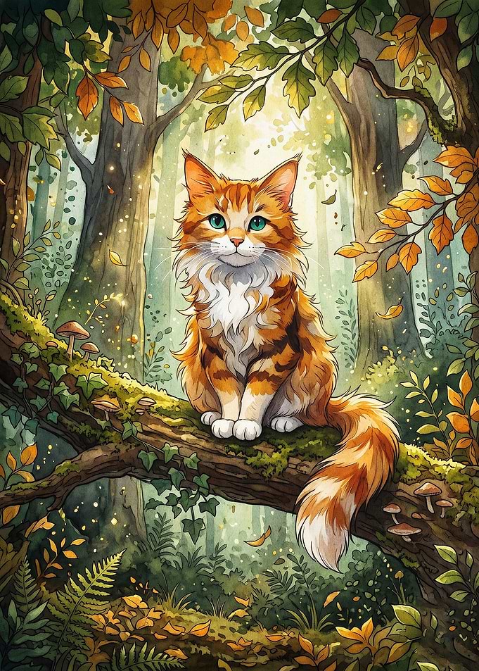 Ginger Cat Forest Autumn Art Poster