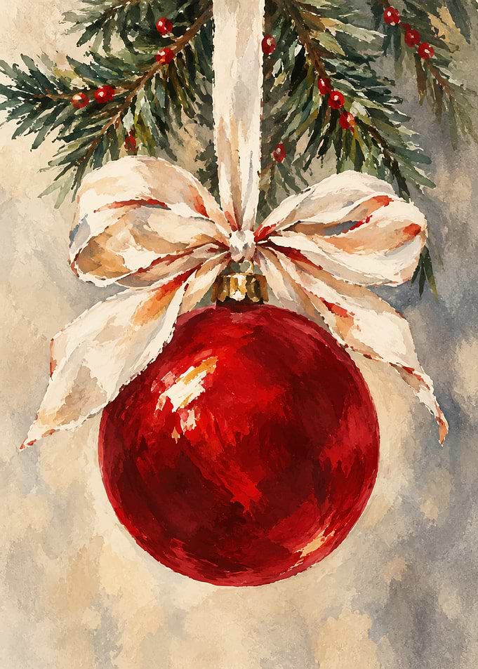 Watercolor Christmas Ornament with Ribbon
