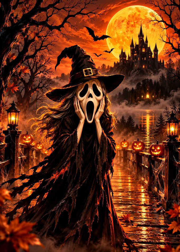 Ghostface Witch Halloween Bridge Scene