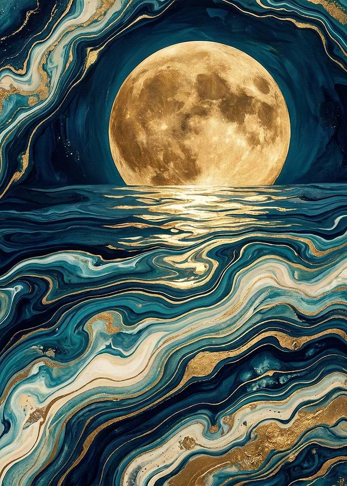 Golden Moon Over Marbled Ocean