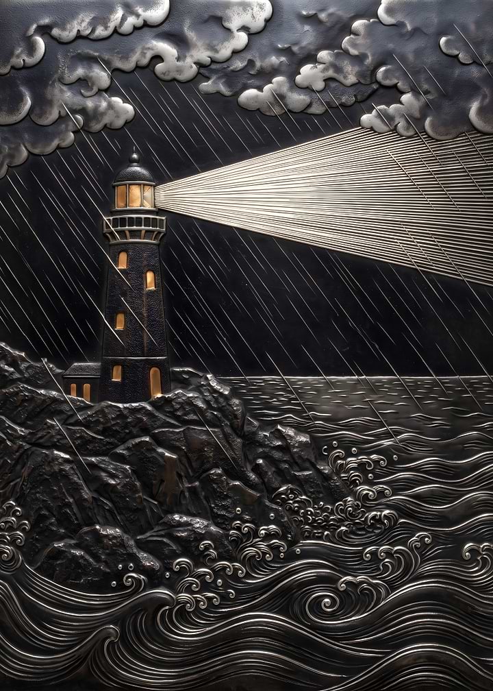 Silver Lighthouse on the Stormy Sea