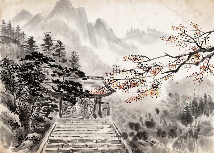 Traditional Ink Wash Mountain Temple Painting