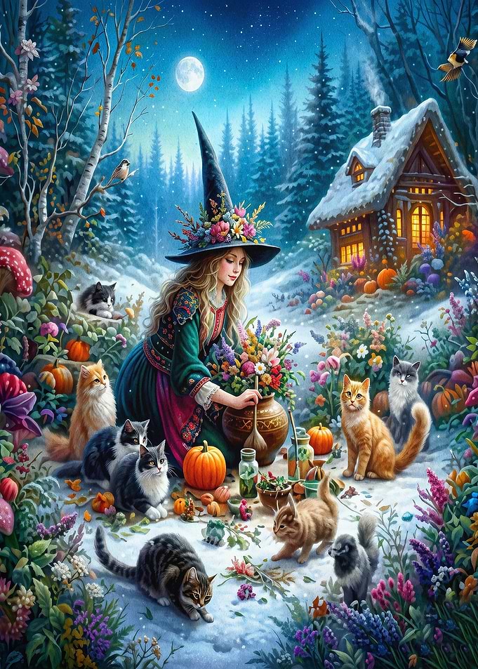 Witch Cats Winter Fantasy Art
