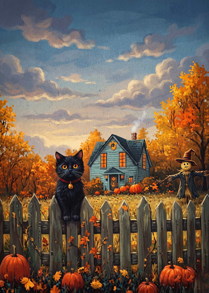 Black Cat Autumn Farm Landscape Art