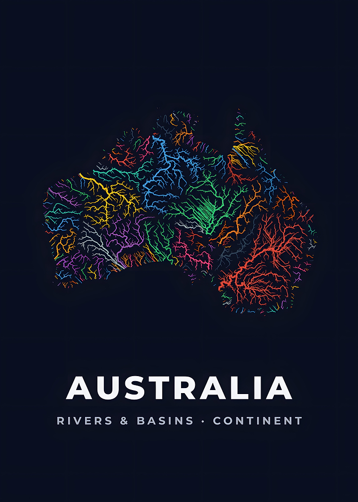 Australia Neon River Basin Map