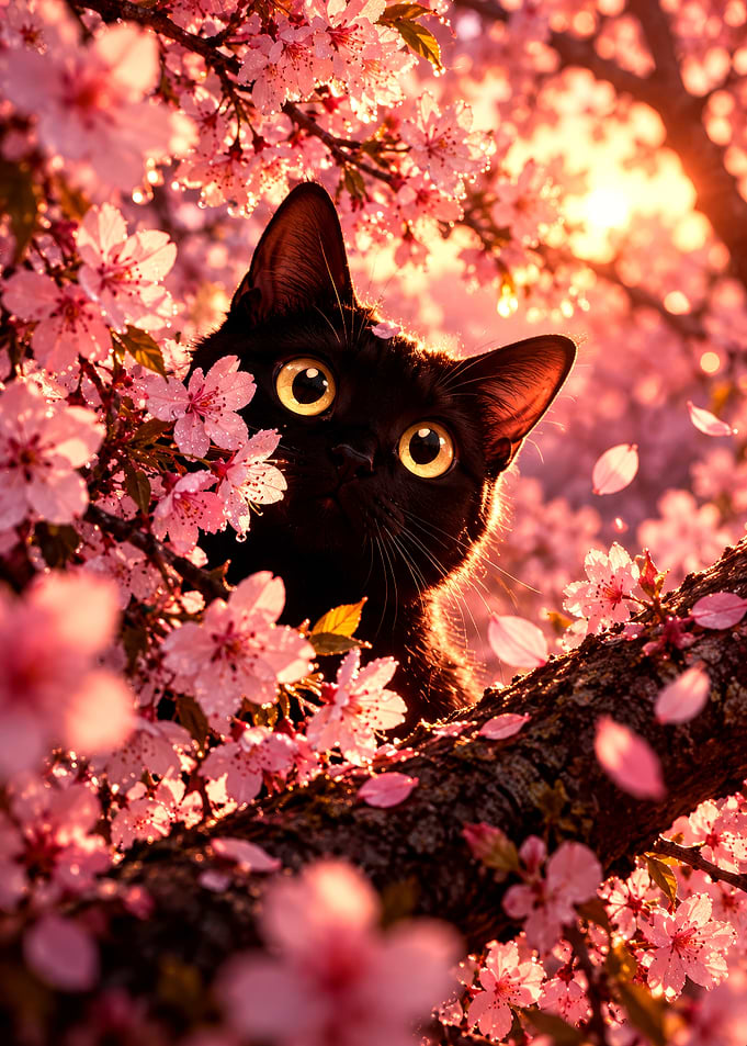 Black Cat in Cherry Blossoms