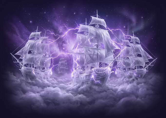 Ghost Ships Sailing Through Stormy Clouds