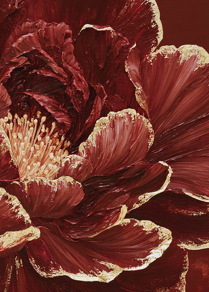 Crimson Peony with Gold Edged Petals, Dark Romantic Floral Painting