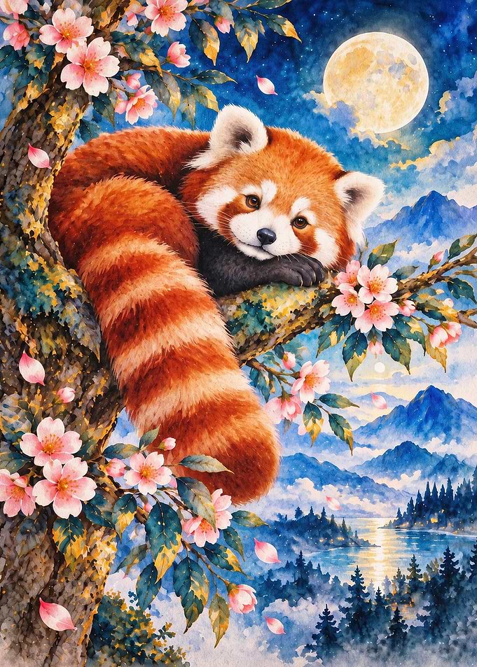 Red Panda Moon Blossom Watercolor