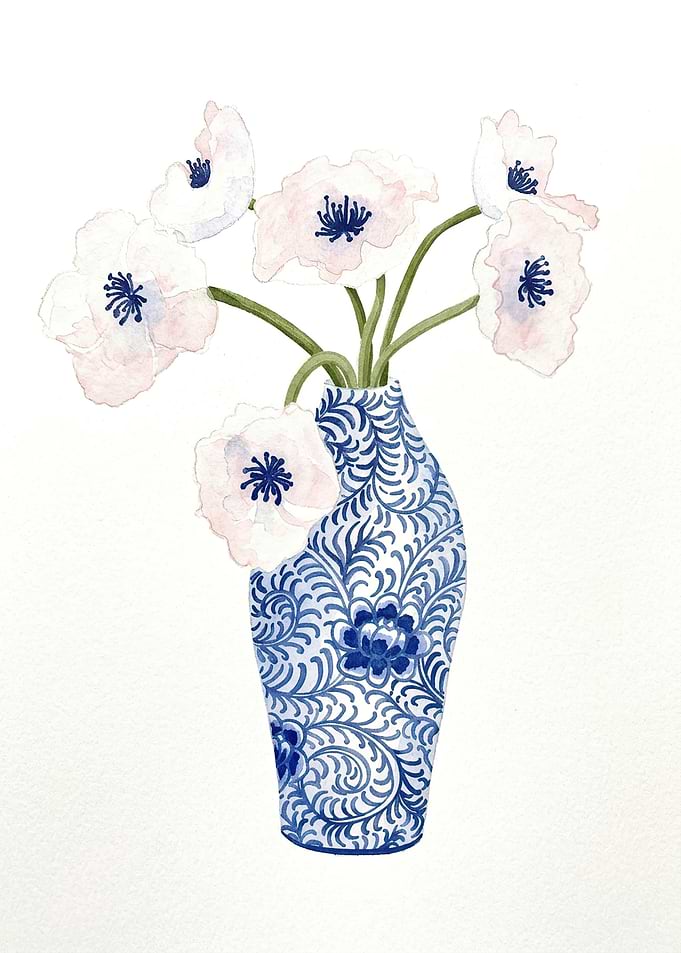 Watercolor White Poppies in Blue Vase