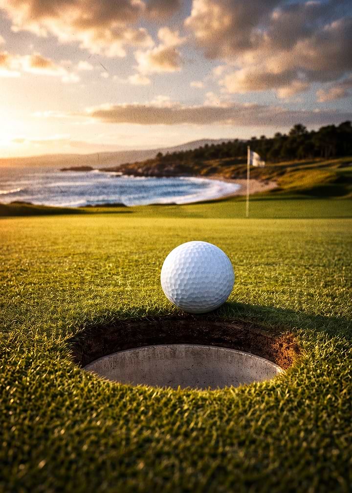 Golf Ball Near Hole at Sunset