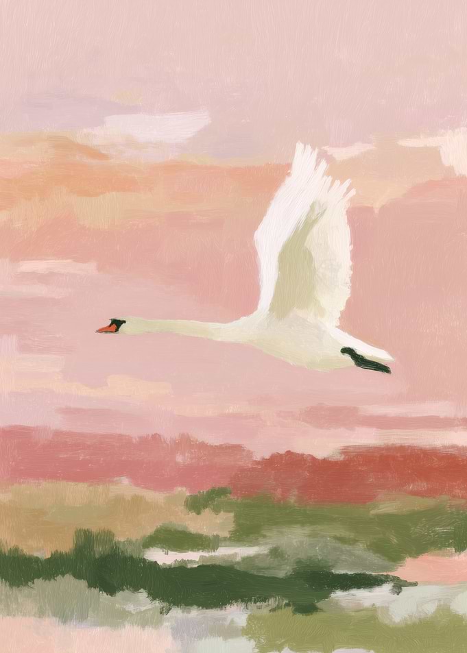 Swan in Flight - Pastel Sunset Landscape