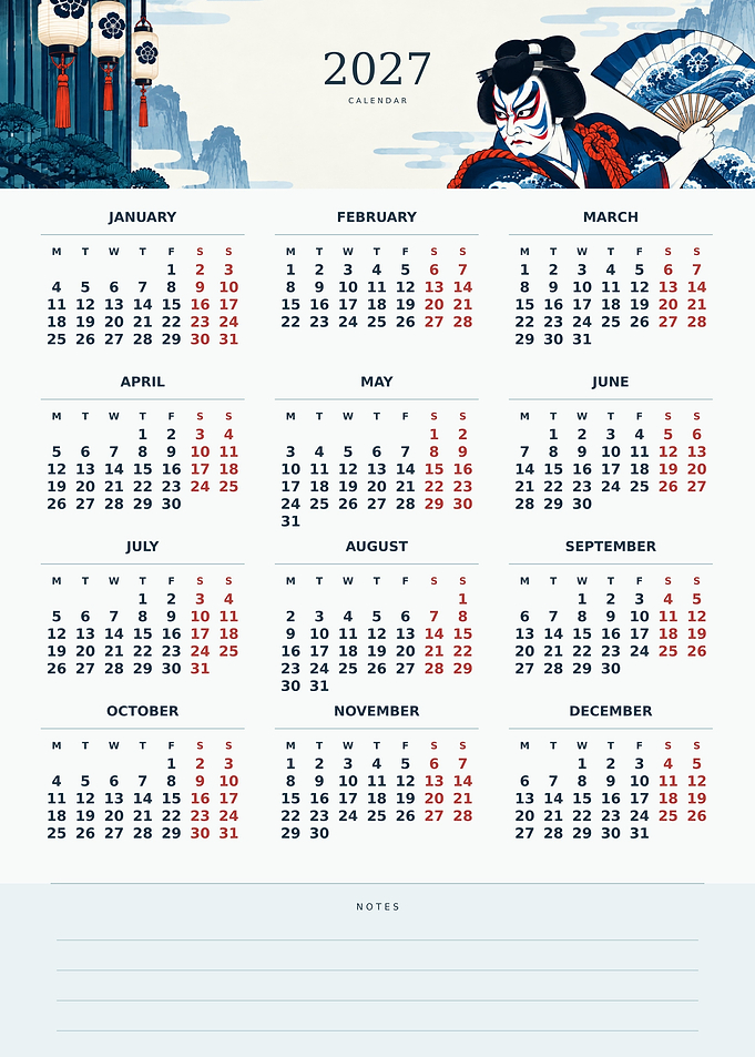 2027 Blue Kabuki Calendar Monday Start