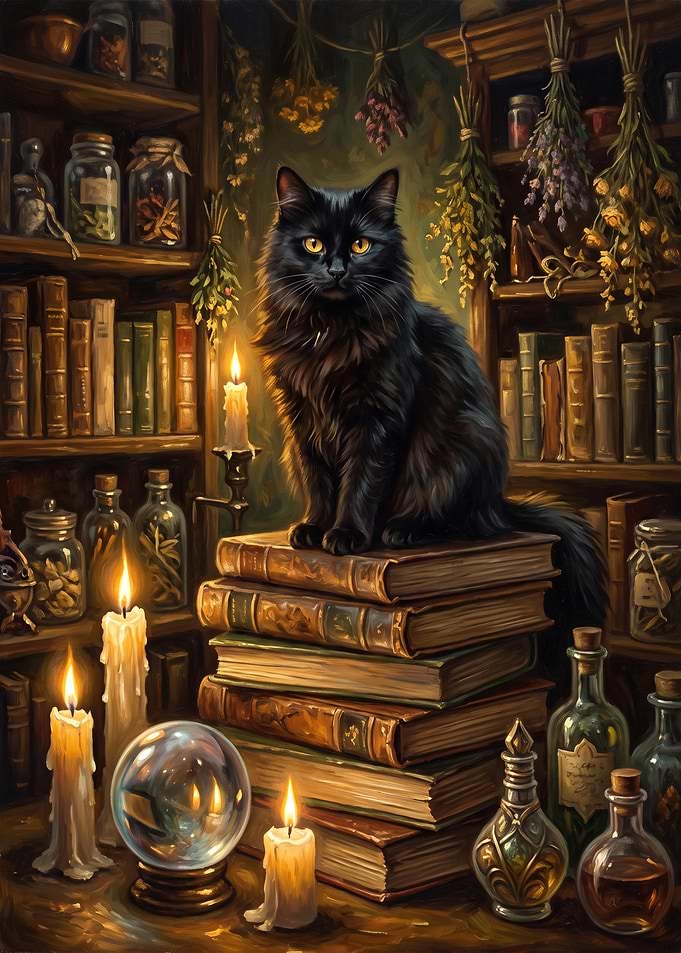 Black Cat Sitting on Magic Books