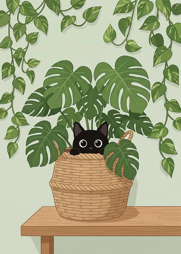 Cute Black Cat in Plant Basket