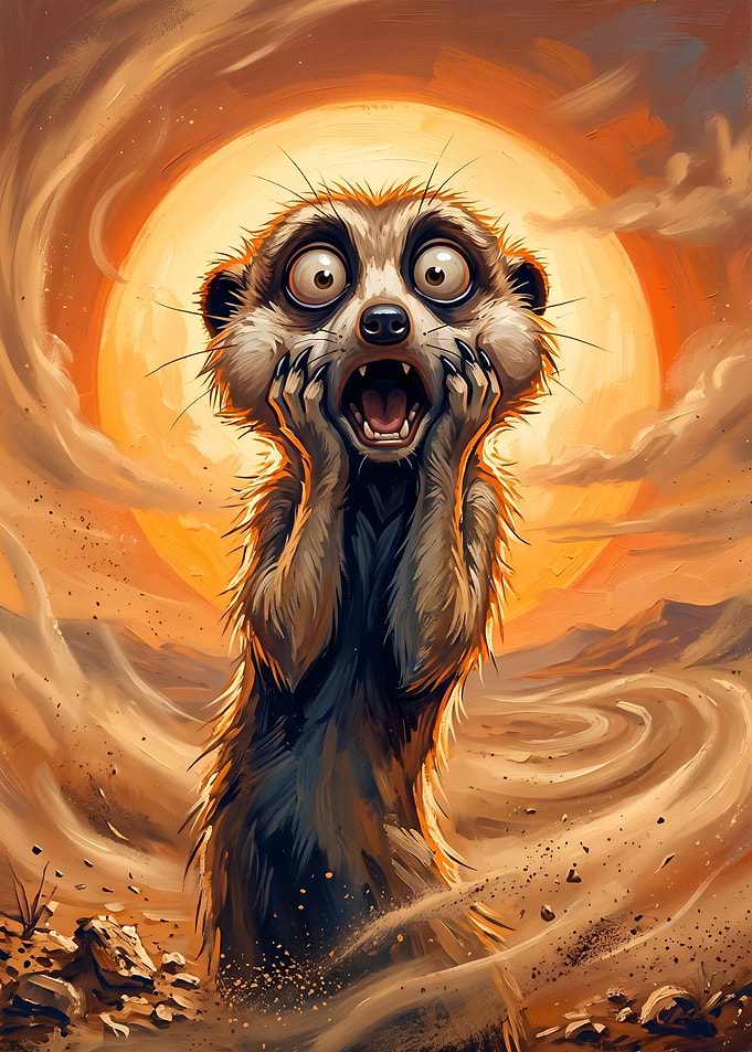 The Scream Meerkat in Desert Sunset