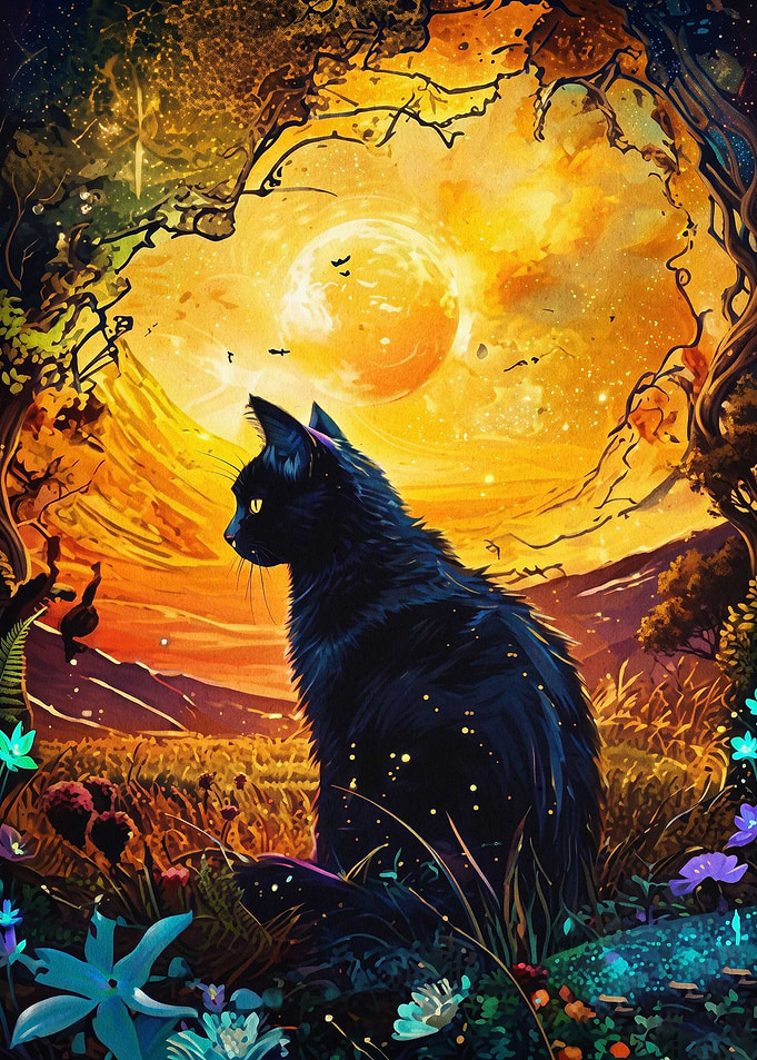 Black Cat Sunset Celestial Art