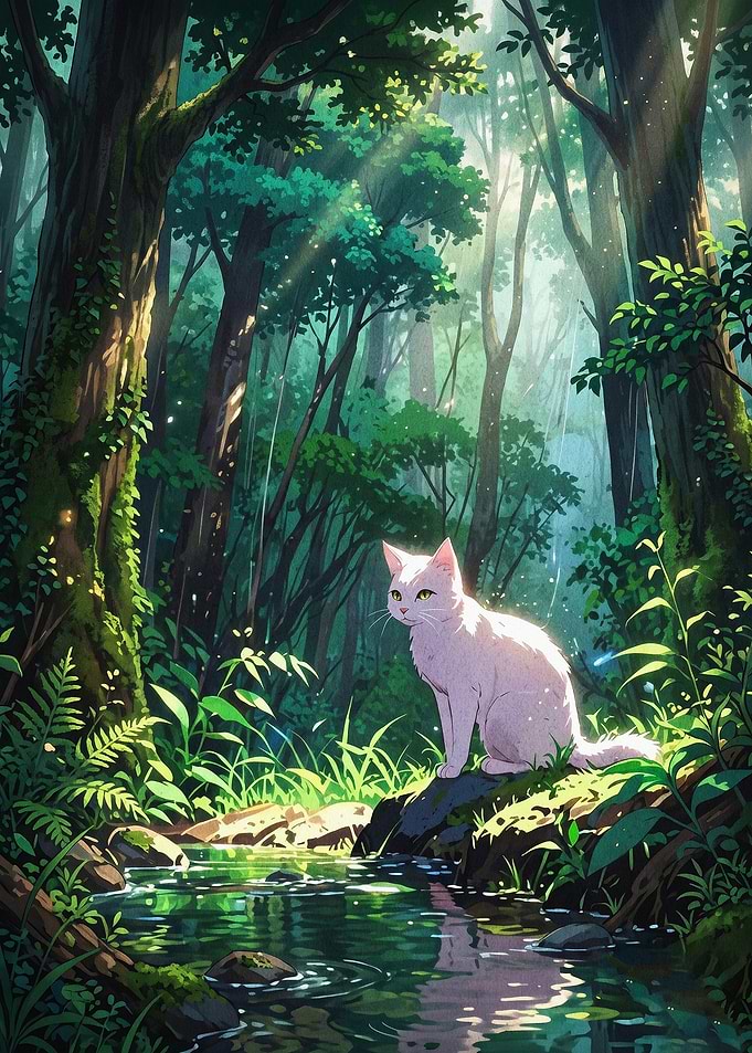 White Cat Forest Anime Art