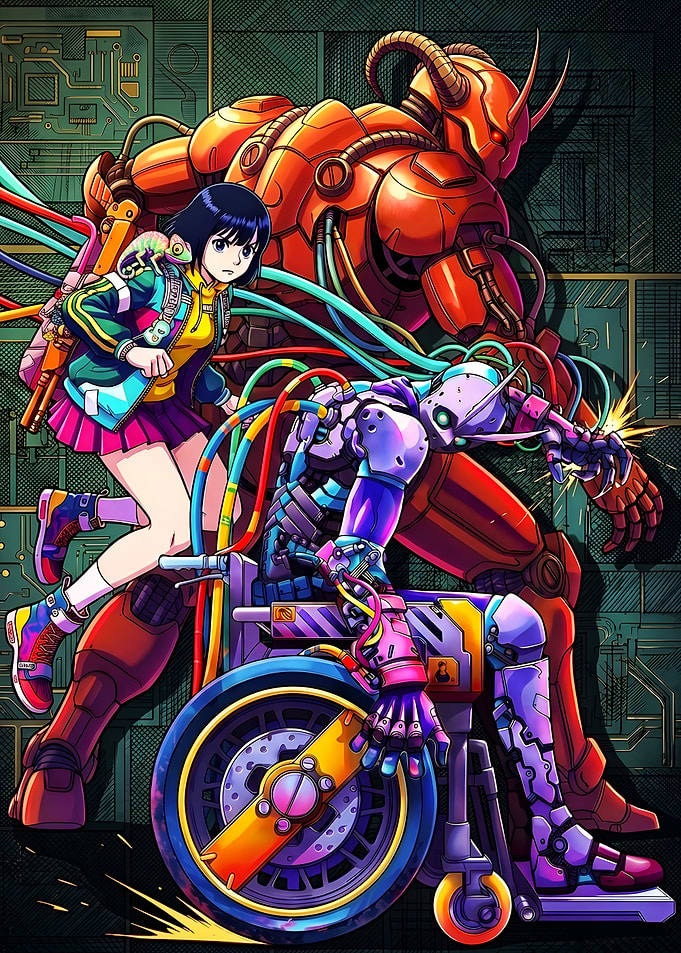 Anime Girl with Cyborgs and Chameleon